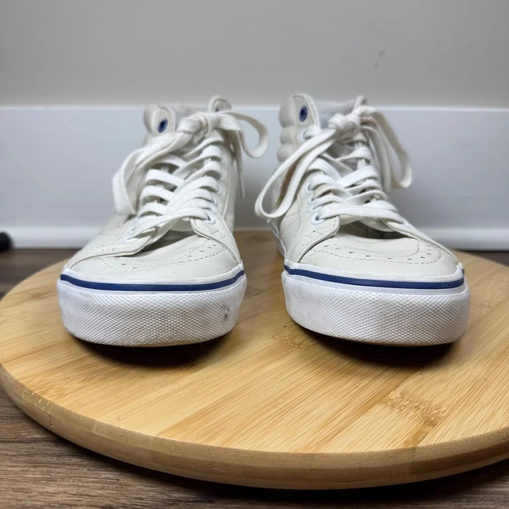 Vans Sk8-Hi Sneakers Women 7 Men 5.5 Off-White Leather High Top Blue Trim Skater